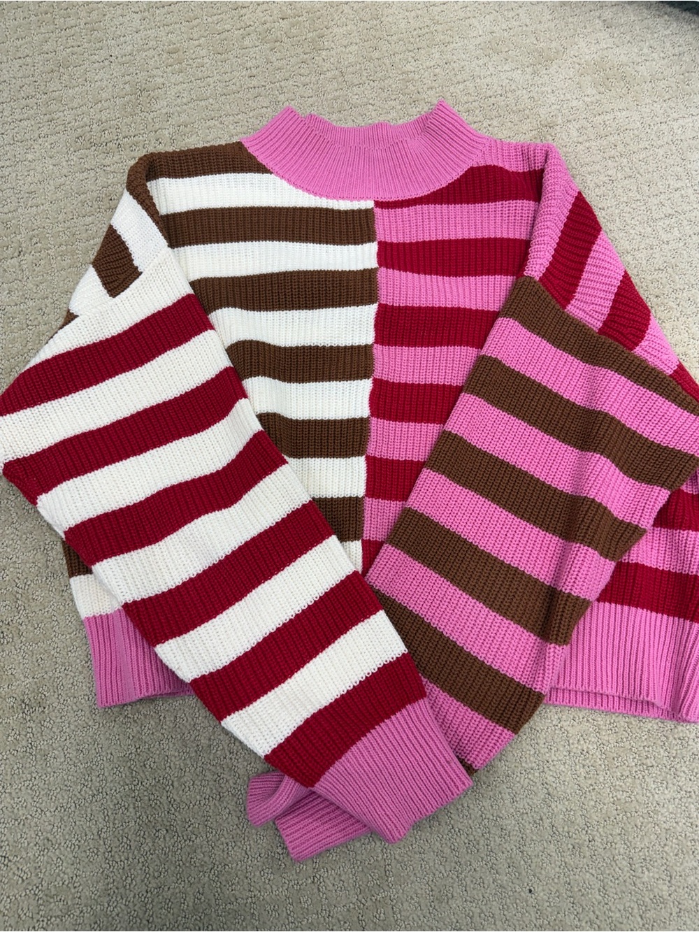 Promesa Pink, Brown & White Striped Ribbed Turtleneck Sweater